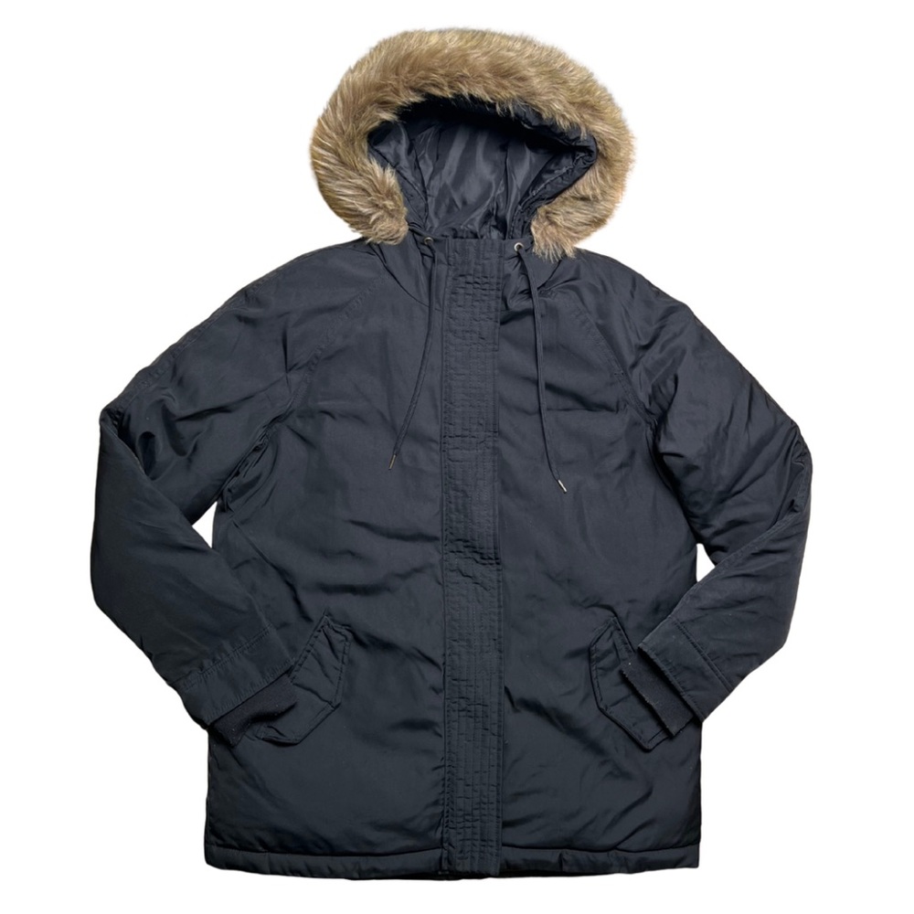 Womens Hooded Faux Fur Parka Long Coat Medium Old Navy Black Utility Y2K Winter